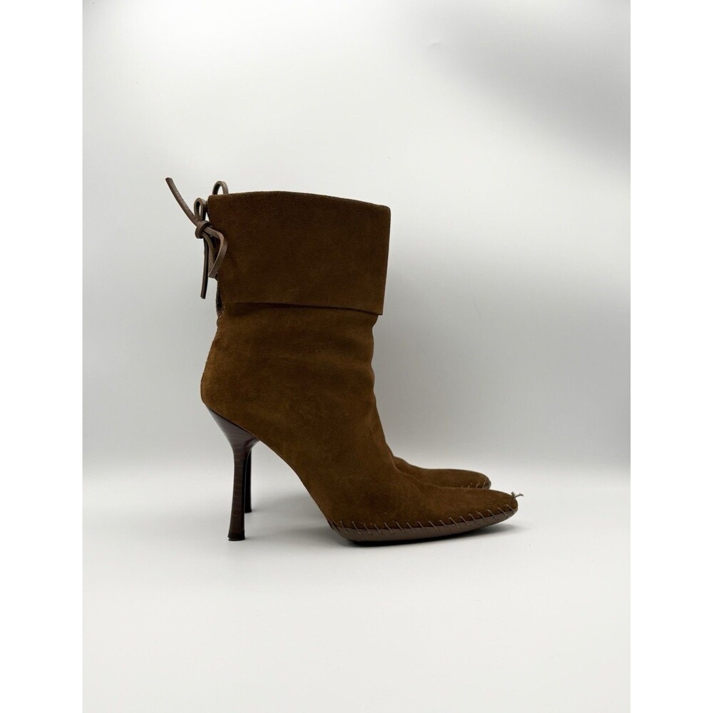 Gucci Brown Suede Foldover Ankle Boots Whipstitch Accent Tie Back Size EU 36.5